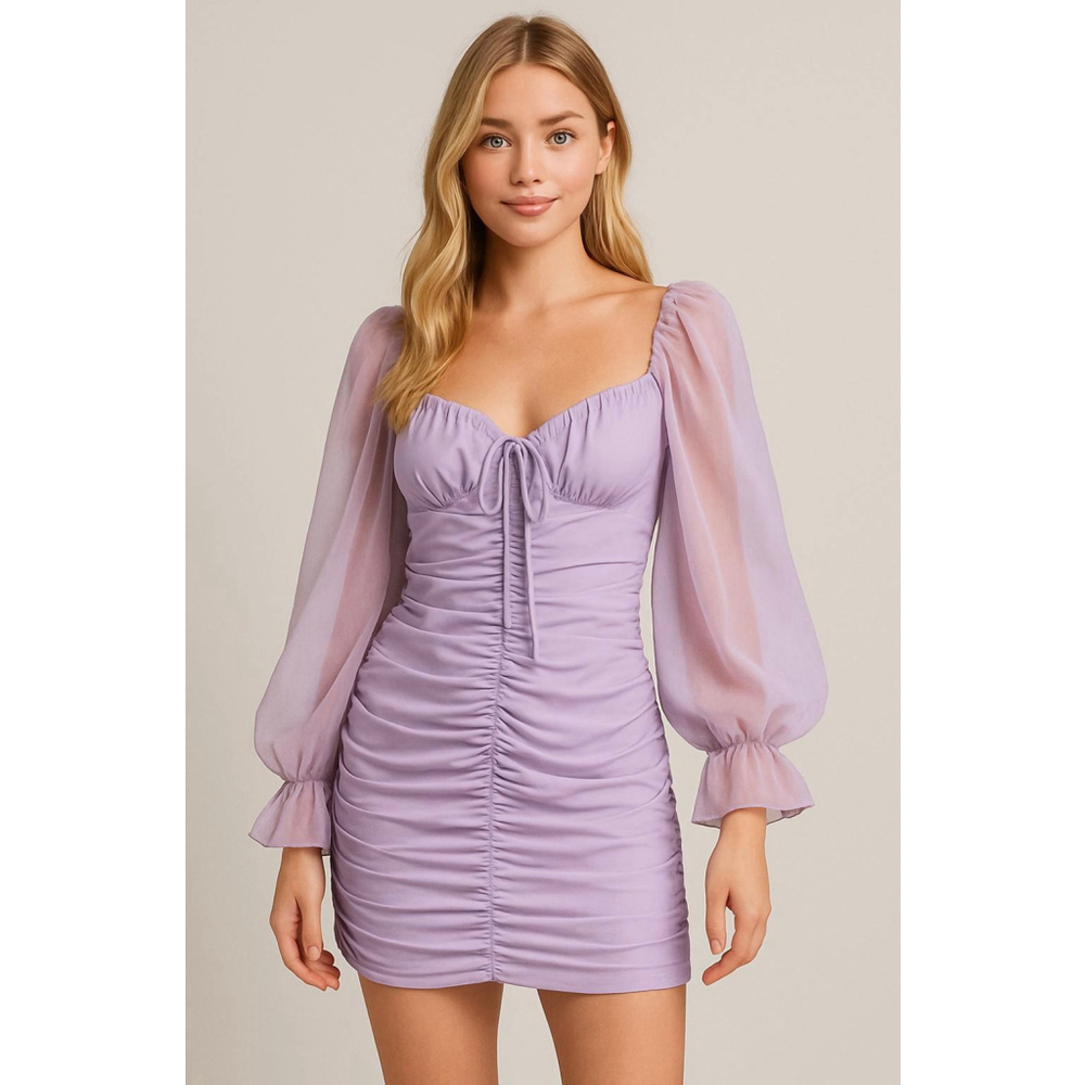 Womens Lavender Ruched Mini Dress Sheer Sleeves 2XL Whimsical Fairycore Bridgert